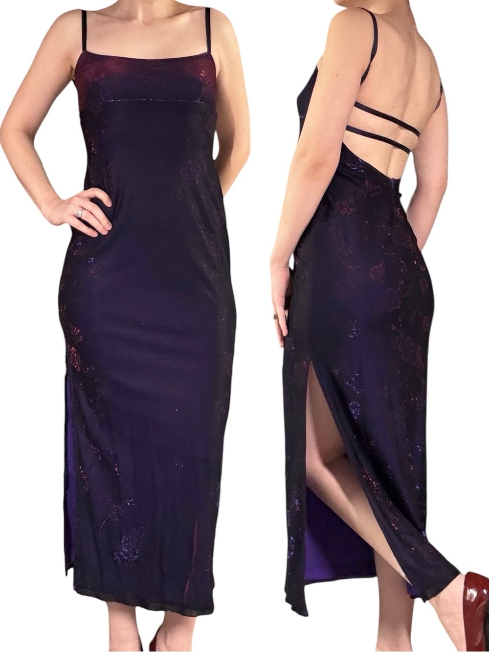 NWT✨ | Steppin’ Out | Y2K Deadstock Iridescent Purple Floral Mesh Midi Dress